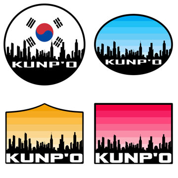 Kunp'o Skyline Silhouette South Korea Flag Travel Souvenir Sticker Sunset Background Vector Illustration SVG EPS AI