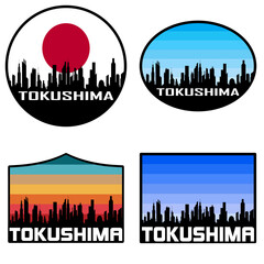 Tokushima Skyline Silhouette Japan Flag Travel Souvenir Sticker Sunset Background Vector Illustration SVG EPS AI