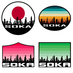 Soka Skyline Silhouette Japan Flag Travel Souvenir Sticker Sunset Background Vector Illustration SVG EPS AI