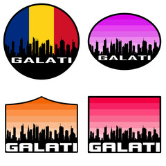 Galati Skyline Silhouette Romania Flag Travel Souvenir Sticker Sunset Background Vector Illustration SVG EPS AI