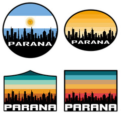 Obraz premium Parana Skyline Silhouette Argentina Flag Travel Souvenir Sticker Sunset Background Vector Illustration SVG EPS AI