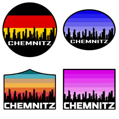 Chemnitz Skyline Silhouette Germany Flag Travel Souvenir Sticker Sunset Background Vector Illustration SVG EPS AI