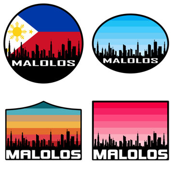 Malolos Skyline Silhouette Philippines Flag Travel Souvenir Sticker Sunset Background Vector Illustration SVG EPS AI
