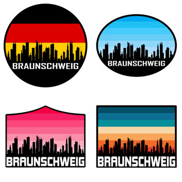 Braunschweig Skyline Silhouette Germany Flag Travel Souvenir Sticker Sunset Background Vector Illustration SVG EPS AI