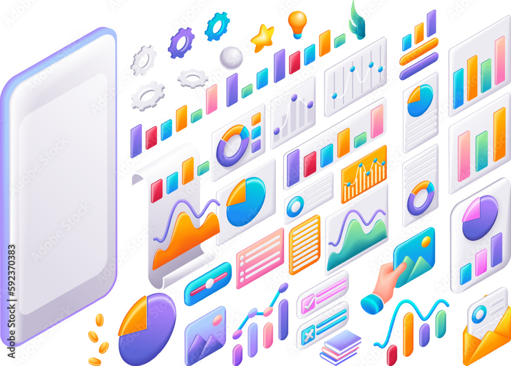 Wall mural large isometric set of business and financial icons. cartoon diagrams and graphs for creating vector