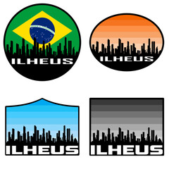 Ilheus Skyline Silhouette Brazil Flag Travel Souvenir Sticker Sunset Background Vector Illustration SVG EPS AI