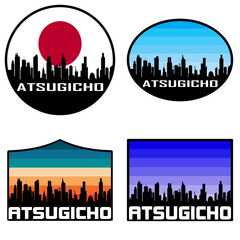 Atsugicho Skyline Silhouette Japan Flag Travel Souvenir Sticker Sunset Background Vector Illustration SVG EPS AI