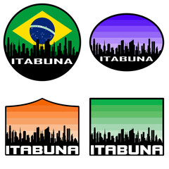 Itabuna Skyline Silhouette Brazil Flag Travel Souvenir Sticker Sunset Background Vector Illustration SVG EPS AI