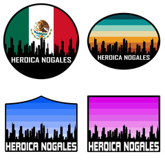 Heroica Nogales Skyline Silhouette Mexico Flag Travel Souvenir Sticker Sunset Background Vector Illustration SVG EPS AI