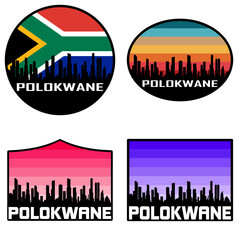 Polokwane Skyline Silhouette South Africa Flag Travel Souvenir Sticker Sunset Background Vector Illustration SVG EPS AI