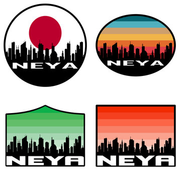 Neya Skyline Silhouette Japan Flag Travel Souvenir Sticker Sunset Background Vector Illustration SVG EPS AI