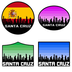 Santa Cruz Skyline Silhouette Spain Flag Travel Souvenir Sticker Sunset Background Vector Illustration SVG EPS AI