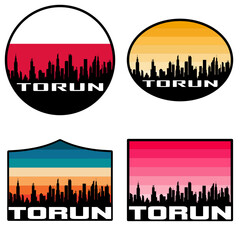 Torun Skyline Silhouette Poland Flag Travel Souvenir Sticker Sunset Background Vector Illustration SVG EPS AI