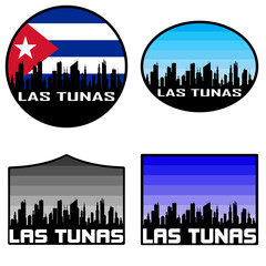 Las Tunas Skyline Silhouette Cuba Flag Travel Souvenir Sticker Sunset Background Vector Illustration SVG EPS AI