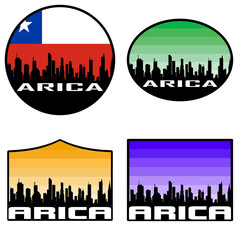 Arica Skyline Silhouette Chile Flag Travel Souvenir Sticker Sunset Background Vector Illustration SVG EPS AI