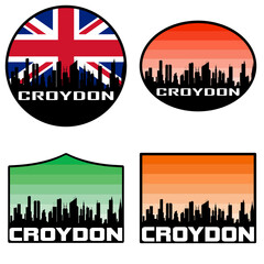 Obraz premium Croydon Skyline Silhouette Uk Flag Travel Souvenir Sticker Sunset Background Vector Illustration SVG EPS AI