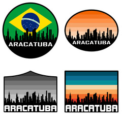 Obraz premium Aracatuba Skyline Silhouette Brazil Flag Travel Souvenir Sticker Sunset Background Vector Illustration SVG EPS AI