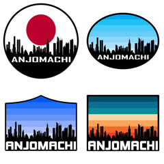 Anjomachi Skyline Silhouette Japan Flag Travel Souvenir Sticker Sunset Background Vector Illustration SVG EPS AI