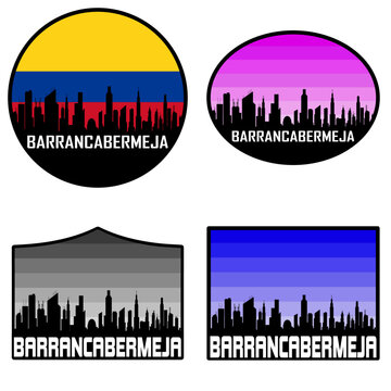 Barrancabermeja Skyline Silhouette Colombia Flag Travel Souvenir Sticker Sunset Background Vector Illustration SVG EPS AI