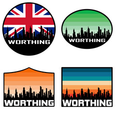 Obraz premium Worthing Skyline Silhouette Uk Flag Travel Souvenir Sticker Sunset Background Vector Illustration SVG EPS AI