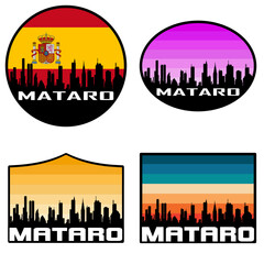 Mataro Skyline Silhouette Spain Flag Travel Souvenir Sticker Sunset Background Vector Illustration SVG EPS AI