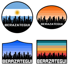 Obraz premium Berazategui Skyline Silhouette Argentina Flag Travel Souvenir Sticker Sunset Background Vector Illustration SVG EPS AI