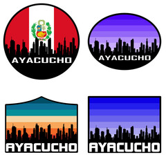 Ayacucho Skyline Silhouette Peru Flag Travel Souvenir Sticker Sunset Background Vector Illustration SVG EPS AI