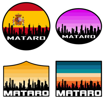 Mataro Skyline Silhouette Spain Flag Travel Souvenir Sticker Sunset Background Vector Illustration SVG EPS AI