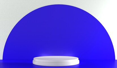Blue realistic 3d cylinder pedestal podium with pastel white semi circle backdrop. Abstract vector rendering geometric platform. Product display presentation. Minimal scene.
