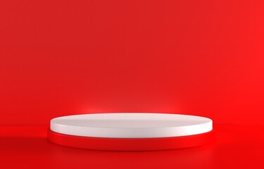 Red realistic 3d cylinder pedestal podium with pastel white semi circle backdrop. Abstract vector rendering geometric platform. Product display presentation. Minimal scene.
