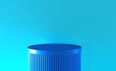 Blue realistic 3d cylinder pedestal podium with pastel blue semi circle backdrop. Abstract 3d rendering geometric platform. Product display presentation. Minimal scene.
