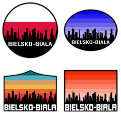 Obraz premium Bielsko Biala Skyline Silhouette Poland Flag Travel Souvenir Sticker Sunset Background Vector Illustration SVG EPS AI