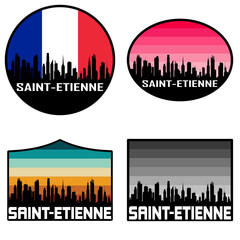 Saint Etienne Skyline Silhouette France Flag Travel Souvenir Sticker Sunset Background Vector Illustration SVG EPS AI