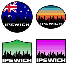 Ipswich Skyline Silhouette Australia Flag Travel Souvenir Sticker Sunset Background Vector Illustration SVG EPS AI