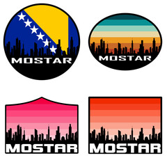 Obraz premium Mostar Skyline Silhouette Bosnia Flag Travel Souvenir Sticker Sunset Background Vector Illustration SVG EPS AI