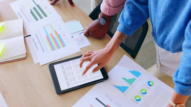 Tablet, documents and people hands in data analysis, charts and graphs of business growth, budget or finance. Financial planning, spreadsheet or statistics strategy of woman, team or partner in above