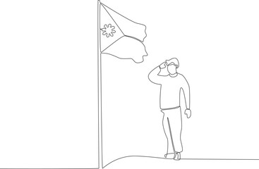 A man salutes the Philippine flag. Philippine independence day one-line drawing