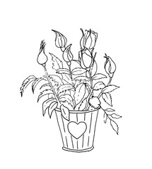 Ink blooming roses in the pot isolated illustration on white background