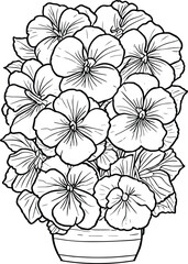 Bouquet of pansy flower hand drawn pencil sketch, coloring page, and book for adults isolated on white background floral element tattooing, illustration ink art, blossom pansy, spring collect.
