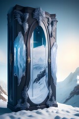 ultra-wide scale image of an immense crystal armoire surrounded by snow-covered hills and mountains, viewed from a low angle, awe-ins - generative ai