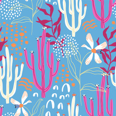 Seamless tropical pattern with hand drawn cactuses, plants, leaves and exotic flowers. Jungle summer background. Perfect for fabric design, wallpaper, apparel. Vector illustration