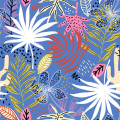 Seamless tropical pattern with hand drawn plants, leaves, flowers. Jungle summer hight detailed background. Perfect for fabric design, wallpaper, apparel. Vector illustration