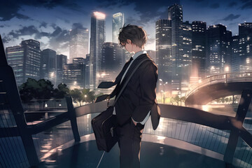 Young businessman looking at the office district, Generative AI