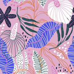 Seamless tropical pattern with hand drawn plants, leaves and exotic flowers. Jungle pink summer background. Perfect for fabric design, wallpaper, apparel. Vector illustration