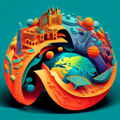 Obraz na płótnie Canvas Surreal Illustration of Earth's Culture and Economy in Orange and Blue Tones, Generative AI