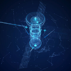 Satellite communications with solar panels. Particles formation of satellites 3d digital form