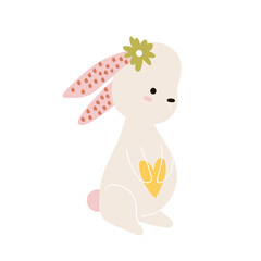 Cute bunny holding heart. Cartoon Easter spring vector illustration. Easter rabbit with egg isolated on white