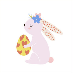 Cute bunny holding egg. Cartoon Easter spring vector illustration. Easter rabbit with egg isolated on white