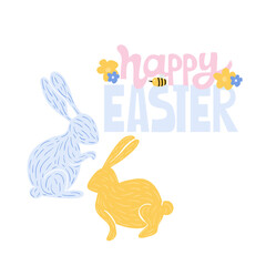 Happy Easter lettering with 2 cite rabbits. Spring Holiday background. Easter rabbits isolated vector background.