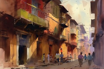 Watercolor painting of an Italian city street